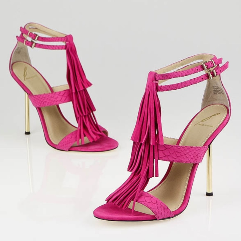 Brian Atwood Luciana red suede leather fringe high heels
